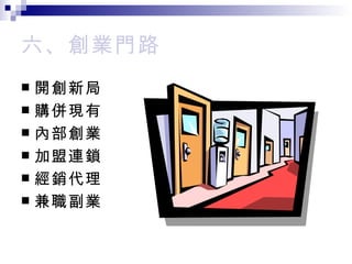 六、創業門路 開創新局 購併現有 內部創業 加盟連鎖 經銷代理 兼職副業 