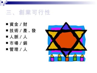 三、創業可行性 資金 / 財 技術 / 產 . 發 人脈 / 人 市場 / 銷 管理 / 人 