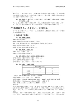 /EBM 1999/05/06 1:09
11
E) y ev uat g ua z
y g
IV z
MEDLINE
keyword
1) y i
A) ua
B) z x z
C) zmgt z z y r
D) z uz x
a b
c d
Y=a/(a+b) =c/(c+d)
RR RR=Y/X
relative risk reduction: RRR RRR=1-RR or RRR=[(X Y)/X]
absolute risk reduction: ARR ARR=X Y
number needed to treat: NNT 1/ARR
20% 10 RR 1/2 RRR 50
ARR 10 NNT 10 4 2
RR 1/2 RRR 50 ARR 2 NNT 50
NNT 1
 