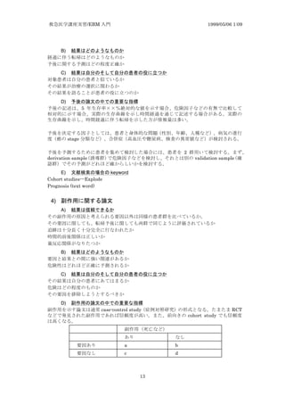/EBM 1999/05/06 1:09
13
B) z x z
C) zmgt z z y r
D) z z uz x
5
stage
2
derivation sample validation sample
E) z z keyword
Cohort studies---Explode
Prognosis (text word)
4) y i
A) ua
B) z x z
C) zmgt z z y r
D) z z uz x
case-control study RCT
cohort study
a b
c d
 