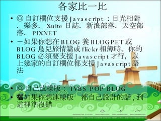各家比一比 ◎ 自訂欄位支援 Javascript ：目光相對．樂多． Xuite 日誌．新浪部落．天空部落． PIXNET －如果你想在 BLOG 養 BLOGPET 或 BLOG 鳥兒旅情篇或 flickr 相簿時，你的 BLOG 必須要支援 Javascript 才行，以上幾家的自訂欄位都支援 Javascript 語法  ◎ 自己改樣版： TVBS POP BLOG －如果你想連樣版檔都自己設計的話 , 到這裡準沒錯 