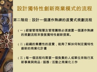 設計獨特性創新商業模式的流程 第二階段：設計一個運作熟練的直覺式規劃流程 ( 一 ) 經營管理階層及管理團隊必須建置一個運作熟練的規劃流程來發展獨特性創新提案。 ( 二 ) 組織的集體性的直覺，能夠了解如何制定獨特性創新的商業化計畫 ( 三 ) 每一個流程均需要一個負責的人或單位來執行其新事業與商品 / 服務 / 活動之商業化工作 