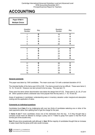 Cambridge International Advanced Subsidiary Level and Advanced Level
9706 Accounting November 2011
Principal Examiner Report for Teachers
© 2011
ACCOUNTING
Paper 9706/11
Multiple Choice
Question
Number
Key
Question
Number
Key
1 B 16 C
2 D 17 A
3 C 18 C
4 B 19 D
5 A 20 A
6 A 21 B
7 B 22 C
8 A 23 C
9 D 24 B
10 C 25 D
11 B 26 C
12 A 27 B
13 C 28 D
14 A 29 C
15 C 30 B
General comments
This paper was taken by 1340 candidates. The mean score was 13.4 with a standard deviation of 4.9.
The intended facility of the items was 0.25 to 0.80. Five items proved to be too difficult. These were items 3,
14, 18, 19 and 22. However one item proved to be too easy. This was item 13.
There were five items where discrimination was below the design limit of 0.25. These were 6, 22, 25, 27 and
28. Other questions where a distracter was more popular than the key were 3, 7, 18, 19 and 30.
Areas of weakness in candidates’ understanding were in inventory valuation under marginal and absorption
costing and the application of ratios.
Comments on individual questions
Candidates found Item 3 to be challenging with over two thirds of candidates selecting one or other of the
cash payments rather than splitting them to get the charge for the year.
In Items 6 and 7 more candidates chose one of the distracters than the key. In 6 they thought that a
company would never be allowed to change a policy and in 7 failed to grasp from option C that the PLCA
formed part of the double entry.
Item 13 was done exceptionally well although in Item 19 the majority of candidates thought that an increase
in sales meant that the gross profit ratio would increase.
1
 