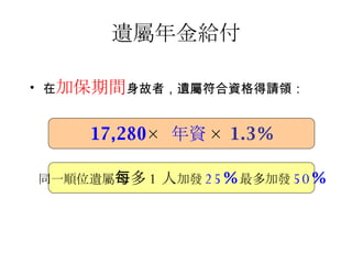 遺屬年金給付 在 加保期間 身故者，遺屬符合資格得請領：  17,280 ×  年資 ×   1.3% 同一順位遺屬 每多 1 人 加發 25 % 最多加發 50 % 