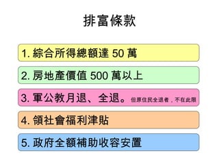 排富條款 2. 房地產價值 500 萬以上 1. 綜合所得總額達 50 萬 4. 領社會福利津貼 3. 軍公教月退、全退。 但原住民全退者，不在此限 5. 政府全額補助收容安置 