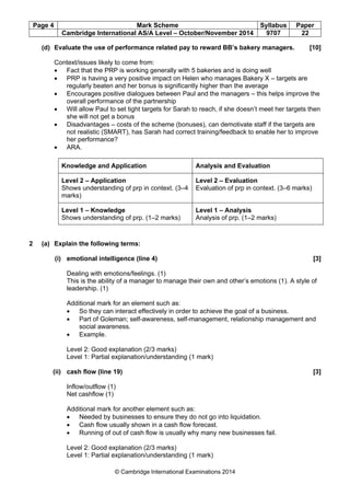 Page 4 Mark Scheme Syllabus Paper
Cambridge International AS/A Level – October/November 2014 9707 22
© Cambridge International Examinations 2014
(d) Evaluate the use of performance related pay to reward BB’s bakery managers. [10]
Context/issues likely to come from:
• Fact that the PRP is working generally with 5 bakeries and is doing well
• PRP is having a very positive impact on Helen who manages Bakery X – targets are
regularly beaten and her bonus is significantly higher than the average
• Encourages positive dialogues between Paul and the managers – this helps improve the
overall performance of the partnership
• Will allow Paul to set tight targets for Sarah to reach, if she doesn’t meet her targets then
she will not get a bonus
• Disadvantages – costs of the scheme (bonuses), can demotivate staff if the targets are
not realistic (SMART), has Sarah had correct training/feedback to enable her to improve
her performance?
• ARA.
Knowledge and Application Analysis and Evaluation
Level 2 – Application
Shows understanding of prp in context. (3–4
marks)
Level 2 – Evaluation
Evaluation of prp in context. (3–6 marks)
Level 1 – Knowledge
Shows understanding of prp. (1–2 marks)
Level 1 – Analysis
Analysis of prp. (1–2 marks)
2 (a) Explain the following terms:
(i) emotional intelligence (line 4) [3]
Dealing with emotions/feelings. (1)
This is the ability of a manager to manage their own and other’s emotions (1). A style of
leadership. (1)
Additional mark for an element such as:
• So they can interact effectively in order to achieve the goal of a business.
• Part of Goleman; self-awareness, self-management, relationship management and
social awareness.
• Example.
Level 2: Good explanation (2/3 marks)
Level 1: Partial explanation/understanding (1 mark)
(ii) cash flow (line 19) [3]
Inflow/outflow (1)
Net cashflow (1)
Additional mark for another element such as:
• Needed by businesses to ensure they do not go into liquidation.
• Cash flow usually shown in a cash flow forecast.
• Running of out of cash flow is usually why many new businesses fail.
Level 2: Good explanation (2/3 marks)
Level 1: Partial explanation/understanding (1 mark)
 