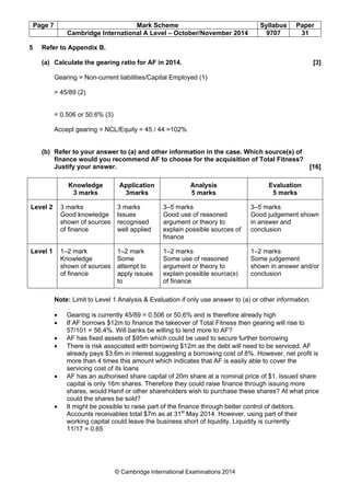 Page 7 Mark Scheme Syllabus Paper
Cambridge International A Level – October/November 2014 9707 31
© Cambridge International Examinations 2014
5 Refer to Appendix B.
(a) Calculate the gearing ratio for AF in 2014. [3]
Gearing = Non-current liabilities/Capital Employed (1)
= 45/89 (2)
= 0.506 or 50.6% (3)
Accept gearing = NCL/Equity = 45 / 44 =102%
(b) Refer to your answer to (a) and other information in the case. Which source(s) of
finance would you recommend AF to choose for the acquisition of Total Fitness?
Justify your answer. [16]
Knowledge
3 marks
Application
3marks
Analysis
5 marks
Evaluation
5 marks
Level 2 3 marks
Good knowledge
shown of sources
of finance
3 marks
Issues
recognised
well applied
3–5 marks
Good use of reasoned
argument or theory to
explain possible sources of
finance
3–5 marks
Good judgement shown
in answer and
conclusion
Level 1 1–2 mark
Knowledge
shown of sources
of finance
1–2 mark
Some
attempt to
apply issues
to
1–2 marks
Some use of reasoned
argument or theory to
explain possible source(s)
of finance
1–2 marks
Some judgement
shown in answer and/or
conclusion
Note: Limit to Level 1 Analysis & Evaluation if only use answer to (a) or other information.
• Gearing is currently 45/89 = 0.506 or 50.6% and is therefore already high
• If AF borrows $12m to finance the takeover of Total Fitness then gearing will rise to
57/101 = 56.4%. Will banks be willing to lend more to AF?
• AF has fixed assets of $95m which could be used to secure further borrowing
• There is risk associated with borrowing $12m as the debt will need to be serviced. AF
already pays $3.6m in interest suggesting a borrowing cost of 8%. However, net profit is
more than 4 times this amount which indicates that AF is easily able to cover the
servicing cost of its loans
• AF has an authorised share capital of 20m share at a nominal price of $1. Issued share
capital is only 16m shares. Therefore they could raise finance through issuing more
shares, would Hanif or other shareholders wish to purchase these shares? At what price
could the shares be sold?
• It might be possible to raise part of the finance through better control of debtors.
Accounts receivables total $7m as at 31st
May 2014. However, using part of their
working capital could leave the business short of liquidity. Liquidity is currently
11/17 = 0.65
 