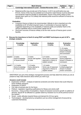 Page 8 Mark Scheme Syllabus Paper
Cambridge International A Level – October/November 2014 9707 31
© Cambridge International Examinations 2014
• Retained profits may provide part of the finance. In 2014 net profit before tax was
$14.5m. Some of this may be available but it should be noted that tax must be deducted
and dividends might be payable to shareholders. Some of the profit is likely to have
already been spent so it is unlikely that retained profits would be sufficient to finance the
whole deal.
Evaluation:
• Long-term finance is likely to be recommended. Attitude to risk is important as is the
availability to AF of further long-term loans. A combination of sources might be
suggested depending on the availability of retained profits and whether Hanif or the
venture capitalists wish to invest further capital into AF.
• Short-term sources of finance unlikely to be the main source of finance given current
liquidity.
6 Discuss the importance to Hanif of using PEST and SWOT techniques as part of AF’s
strategic analysis. [20]
Knowledge
3 marks
Application
3 marks
Analysis
4 marks
Evaluation
10 marks
Level 3 7–10 marks
Good judgement
shown in answer
and conclusion
Level 2 3 marks
Good knowledge
of issues shown
3 marks
Issues well applied
to case
3–4 marks
Good use of reasoned
argument or theory to
explain answer
4–6 marks
Some judgement
shown in answer or
conclusion
Level 1 1–2 marks
Some knowledge
of issues shown
1–2 marks
Some attempt to
apply issue
1–2 marks
Some use of reasoned
argument or theory to
explain answer
1–3 marks
Limited judgement
shown in answer
and/or conclusion
SWOT/PEST are part of the strategic management process and help determine where you are at
present to help make decisions about where you wish to go.
Answers could include:
• Explanation of PEST – analysis of external constraints and other factors that could influence
future strategic decisions
• Explanation of SWOT
• Can help a business plan for the future
• Political – legislation regarding qualifications for fitness and crèche staff
• Economic – rising number of competitors. Impact of recession economic growth on patterns of
demand. Would AF be affected to a greater extent by recession as it is at the premium end of
the market?
• Social – public attitudes towards fitness and demand for 24 hour gyms
• Technological – developments by competitors such as online management of accounts by
customers themselves.
 