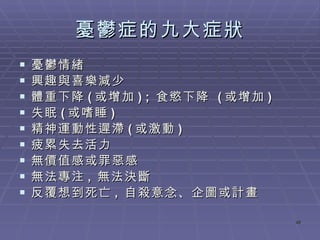 憂鬱症的九大症狀 憂鬱情緒 興趣與喜樂減少 體重下降 ( 或增加 ) ;  食慾下降  ( 或增加 ) 失眠 ( 或嗜睡 ) 精神運動性遲滯 ( 或激動 ) 疲累失去活力 無價值感或罪惡感 無法專注 ,  無法決斷 反覆想到死亡 ,  自殺意念、企圖或計畫  