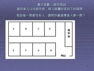 壓力指數 -- 廁所測試 當你進入公共廁所時，映入眼簾的是如下的隔間：  假設每一間都沒有人，請問你會選擇進入哪一間？   