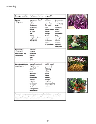 Harvesting



        Storage Location               Fruits and Melons Vegetables

        Store in                       apples (more than 7              artichokes             green onions
        refrigerator                   days)                            asparagus              herbs
                                       apricots                         green beans              (not basil)
                                       blackberries                     lima beans             leafy
                                       blueberries                      beets                  vegetables
                                       cherries                         Belgian endive         leeks
                                       cut fruits                       broccoli               lettuce
                                       figs                             Brussels               mushrooms
                                       grapes                           sprouts                peas
                                       nashi (Asian pears)              cabbage                radishes
                                       raspberries                      carrots                spinach
                                       strawberries                     cauliflower            sprouts
                                                                        celery                 summer
                                                                        cut vegetables         squashes
                                                                                               sweet corn

        Ripen on the                   avocados
        counter first,                 kiwifruit
        then store in the              nectarines
        refrigerator                   peaches
                                       pears
                                       plums
                                       pluots

        Store only at room             apples (fewer than 7             basil (in water)
        temperature                    days) bananas                    cucumbers†
                                       grapefruit                       dry onions*
                                       lemons                           eggplant†
                                       limes                            garlic*
                                       Mandarins                        ginger
                                       mangoes                          jicama
                                       muskmelons                       peppers†
                                       oranges                          potatoes*
                                       papayas                          pumpkins
                                       persimmons                       winter squashes
                                       pineapple                        sweet potatoes*
                                       plantain                         tomatoes
                                       pomegranates
                                       watermelons

        *Store garlic, onions, potatoes, and sweet potatoes in a well-ventilated area in the pantry. Protect
        potatoes from light to avoid greening. †Cucumbers, eggplant, and peppers can be kept in the
        refrigerator for 1 to 3 days if they are used soon after removal from the refrigerator.




                                                                            34
 