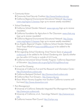 Resources



•• Community Action
   ◊	Community Food Security Coalition http://www.foodsecurity.org
   ◊	California Regional Environmental Educational Network http://www.
     creec.org/region11/eenews (sign up to receive weekly newsletter)
•• School Gardening
   ◊	California School Garden Network: www.csgn.org (sign up to receive
     newsletter)
   ◊	California Foundation for Agriculture In The Classroom: www.cfaitc.org
     (sign up to receive newsletter)
   ◊	California Regional Environmental Educational Network: http://www.
     creec.org/region11/eenews (sign up to receive weekly newsletter)
   ◊	Los Angeles Regional Chapter, California School Garden Network:
     Email Tonya Mandl at tonya.mandl@lausd.net to be added to the
     Yahoogroup
   ◊	Elist regarding School Gardening: Email Yvonne Savio at ydsavio@
     ucdavis.edu to be added to the School Gardening elist. Specify whether
     you live within LA County or outside of LA County.
   ◊	California Instructional School Garden Program, California Department
     of Education: http://www.cde.ca.gov/fg/fo/r9/cisg06result.asp
•• Fruit and Nut Growing
   ◊	University of California Fruit and Nut Research and Information Center:
     http://fruitsandnuts.ucdavis.edu
   ◊	California Backyard Orchard: http://homeorchard.ucdavis.edu
   ◊	California Rare Fruit Growers ; http://www.crfg.org
   ◊	Dave Wilson Nursery (supplies most Southern California nurseries with
     fruit trees) http://www.davewilson.com
•• Pest Management
   ◊	University of California Statewide Integrated Pest Management Program:
     http://www.ipm.ucdavis.edu
   ◊	University of California, et al., Toxicology Network: http://extoxnet.orst.
     edu
   ◊	California Invasive Plant Council: http://cal-ipc.org


                                   41
 
