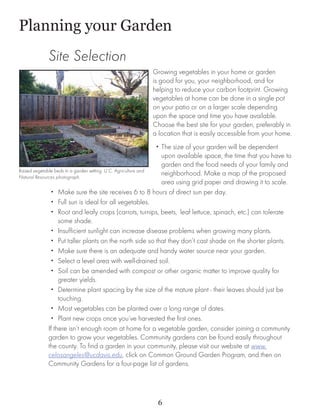 Planning your Garden
	
            Site Selection
                                                        Growing vegetables in your home or garden
                                                        is good for you, your neighborhood, and for
                                                        helping to reduce your carbon footprint. Growing
                                                        vegetables at home can be done in a single pot
                                                        on your patio or on a larger scale depending
                                                        upon the space and time you have available.
                                                        Choose the best site for your garden, preferably in
                                                        a location that is easily accessible from your home.
                                                                •• The size of your garden will be dependent
                                                                   upon available space, the time that you have to
                                                                   garden and the food needs of your family and
Raised vegetable beds in a garden setting. U.C. Agriculture and
Natural Resources photograph.
                                                                   neighborhood. Make a map of the proposed
                                                                   area using grid paper and drawing it to scale.
               •• Make sure the site receives 6 to 8 hours of direct sun per day.
               •• Full sun is ideal for all vegetables.
               •• Root and leafy crops (carrots, turnips, beets, 	leaf lettuce, spinach, etc.) can tolerate
                   some shade.
               •• Insufficient sunlight can increase disease problems when growing many plants.
               •• Put taller plants on the north side so that they don’t cast shade on the shorter plants.
               •• Make sure there is an adequate and handy water source near your garden.
               •• Select a level area with well-drained soil.
               •• Soil can be amended with compost or other organic matter to improve quality for 	
                   greater yields.
               •• Determine plant spacing by the size of the mature plant - their leaves should just be
                   touching.
               •• Most vegetables can be planted over a long range of dates.
               •• Plant new crops once you’ve harvested the first ones.
              If there isn’t enough room at home for a vegetable garden, consider joining a community
              garden to grow your vegetables. Community gardens can be found easily throughout
              the county. To find a garden in your community, please visit our website at www.
              celosangeles@ucdavis.edu, click on Common Ground Garden Program, and then on
              Community Gardens for a four-page list of gardens.




                                                          6
 