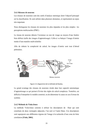 15
2.4.1 Réseaux de neurone
Les réseaux de neurones sont des outils d’analyse statistique dont l’objectif principal
est la classification. Ils sont utilisés dans plusieurs domaines, et représentent un enjeu
très important.
Nous distinguons les réseaux de neurones les plus répandus et les plus simples : les
perceptrons multicouches (PMC).
Le réseau de neurone détecte l’existence ou non de visage au moyen d’une fenêtre
bien définie (taille des images d’apprentissage). Celle-ci va balayer l’image d’entrée
traitée d’une manière multi-échelles
Afin de réduire la complexité de calcul, les images d’entrée sont tout d’abord
prétraitées.
Figure 2.3: diagramme de la méthode de Rowley.
Le grand avantage des réseaux de neurones réside dans leur capacité automatique
d’apprentissage ce qui permet d’éviter des règles de calcul complexes. Toutefois, est
difficile d’interpréter le modèle construit, ou de déterminer la cause en cas d’erreur du
système.
2.4.2 Méthode de Viola-Jones
La méthode Viola-Jones consiste à utiliser les descripteurs de Haar qui sont
constitués de deux rectangles adjacents, l’un noir et l’autre blanc. Ces descripteurs
sont superposés aux différentes régions de l’image à la recherche d’une zone de forte
corrélation [Viola, 2001].
Visage
ou
Non-visage
Réseau neurone
Prétraitement
 
