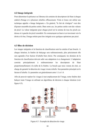 33
4.2 Image intégrale
Pour déterminer la présence ou l'absence de centaine de descripteurs de Haar à chaque
endroit d'image et à plusieurs échelles efficacement, Viola et Jones ont utilisé une
technique appelée « Image Intégrante ». En général, "le fait de s'intégrer" veut dire
d'ajouter ensemble de petites unités. Dans notre cas, les petites unités sont des valeurs
de pixel. La valeur intégrante pour chaque pixel est la somme de tous les pixels au-
dessus et à gauche du pixel considéré. En commençant en haut et en traversant vers la
droite et le bas, l'image entière peut être intégrée avec quelques opérations par pixel.
4.3 Bloc de décision
Les images intégrales et la fonction de classification sont les entrées d’une boucle. A
chaque itération, la fenêtre de balayage sera redimensionnée, plus précisément elle
sera agrandie d’un facteur d’échelle bien choisi. Par conséquent, les données de la
fonction de classification doivent subir une adaptation à ce changement. L’adaptation
consiste principalement à redimensionner les descripteurs de Haar
proportionnellement à la taille de la fenêtre. La boucle que nous venons de citer, se
charge de garantir la détection de visage à toute échelle. Son paramètre principal est le
facteur d’échelle. Ce paramètre est généralement entre 1.1 et 1.4.
Afin de pouvoir repérer les visages à tout emplacement de l’image, notre fenêtre doit
balayer toute l’image en utilisant un algorithme de décision à chaque itération (voir
figure 4.5).
Figure 4.5 : Exemple de détection de visage
 