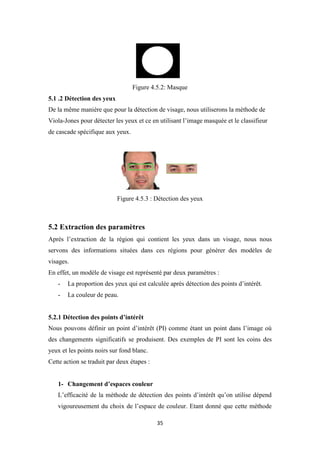 35
Figure 4.5.2: Masque
5.1 .2 Détection des yeux
De la même manière que pour la détection de visage, nous utiliserons la méthode de
Viola-Jones pour détecter les yeux et ce en utilisant l’image masquée et le classifieur
de cascade spécifique aux yeux.
Figure 4.5.3 : Détection des yeux
5.2 Extraction des paramètres
Après l’extraction de la région qui contient les yeux dans un visage, nous nous
servons des informations situées dans ces régions pour générer des modèles de
visages.
En effet, un modèle de visage est représenté par deux paramètres :
- La proportion des yeux qui est calculée après détection des points d’intérêt.
- La couleur de peau.
5.2.1 Détection des points d’intérêt
Nous pouvons définir un point d’intérêt (PI) comme étant un point dans l’image où
des changements significatifs se produisent. Des exemples de PI sont les coins des
yeux et les points noirs sur fond blanc.
Cette action se traduit par deux étapes :
1- Changement d’espaces couleur
L’efficacité de la méthode de détection des points d’intérêt qu’on utilise dépend
vigoureusement du choix de l’espace de couleur. Etant donné que cette méthode
 