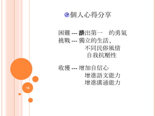  困難 --- 踏出第一步的勇氣  挑戰 --- 獨立的生活、 不同民俗風情 自我抗壓性   收獲 --- 增加自信心 增進語文能力 增進溝通能力 個人心得分享 