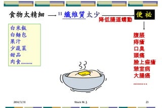 2014/3/31 Shieh M. J. 23
腹脹
痔瘡
口臭
頭痛
臉上痤瘡
憩室病
大腸癌
......…
食物太精細 11 太少 便 祕
降低腸道蠕動
白米飯
白麵包
果汁
少蔬菜
甜品
肉食........
纖維質
 