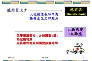 2014/3/31 Shieh M. J. 24
纖維質太少 憩室病
(Diverticulosis)大便殘渣長時間對
腸壁產生局部壓力
大腸病變
*大腸癌改變腸道菌相，分解膽酸 (鹽)
為致癌物質；
延長毒性物質與腸壁接觸時間
 