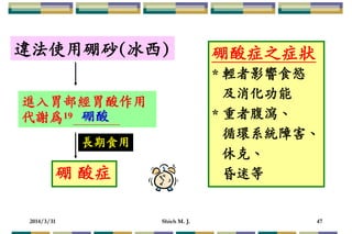 2014/3/31 Shieh M. J. 47
違法使用硼砂(冰西)
進入胃部經胃酸作用
代謝為19
長期食用
硼 酸症
硼酸症之症狀
* 輕者影響食慾
及消化功能
* 重者腹瀉、
循環系統障害、
休克、
昏迷等
硼酸
 
