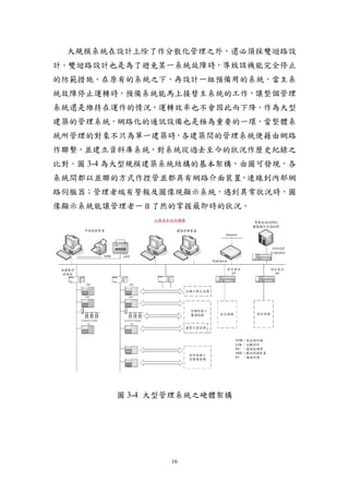 大規模系統在設計上除了作分散化管理之外，還必須採雙迴路設
計。雙迴路設計也是為了避免某一系統故障時，導致該機能完全停止
的防範措施。在原有的系統之下，再設計一組預備用的系統，當主系
統故障停止運轉時，預備系統能馬上接替主系統的工作，讓整個管理
系統還是維持在運作的情況，運轉效率也不會因此而下降。作為大型
建築的管理系統，網路化的通訊設備也是極為重要的一環，當整體系
統所管理的對象不只為單一建築時，各建築間的管理系統便藉由網路
作聯繫，並建立資料庫系統，對系統從過去至今的狀況作歷史紀錄之
比對。圖 3-4 為大型規模建築系統結構的基本架構，由圖可發現，各
系統間都以並聯的方式作控管並都具有網路介面裝置，連線到內部網
路伺服器；管理者端有警報及圖像現顯示系統，遇到異常狀況時，圖
像顯示系統能讓管理者一目了然的掌握最即時的狀況。




        圖 3-4 大型管理系統之硬體架構




                16
 