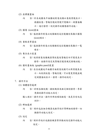 (2) 座標圖畫面
     內     容：於系統圖及平面圖的對象設備以象徵符號表示，
              根據狀態、警報信號的符號可變顯示、測量值顯
              示、進行發停‧設定操作的圖像操作功能。
  (3) 圖像 (icon)畫面
     內     容：監控操作對象以設備類別或信號種別來顯示圖像
             (icon)項目。
  (4) 重點清單畫面
     內     容：監控操作對象以設備類別或信號種別來顯示一覧
             項目。
  (5) 集合表示裝置
     內     容：依照對象設備機器等狀態及警報信而可變更表示
             發停。由操作設定及警報信號來規定發報功能。
  (6) 圖形畫面版 (graphic panel)裝置
     內     容：在系統圖或平面圖方面對象設備可以用符號來表
              示。而依照狀態、警報信號，可以變更符號並規
              定測量值的表示、發停、操作的設定。
7. 操作方法
  (1) 個體發停處理
     內     容：針對各類設備、操縱機器及程式個別發停、季節
              更換的操作功能之設定。
     輸入項目：操作方法、操作作用的確認程度，及是否有訊息
              列印。
  (2) 群組處理
     內     容：對於包括組合機器或程序設計等群組的發停、切
              換操作功能之設定。
  (3) 設定
     內     容：對於序設計或操控機器等參數的設定操作功能之
             設定。
                         53
 