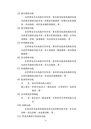 (3) 衛生操控功能
      在管理省力化及提升信任度，要求節省能源及操控高度
  化的衛生操控功能方面，有機器台數操控、加壓給水裝置操
  控、淨水操控、及貯熱水槽管理操控…等。
(4) 電力操控功能
      在管理省力化及提升信任度，要求節省能源及操控高度
  化的電力操控功能方面，有電力需要的監視‧操控、力率改
  善操控、停電、復電操控、及自發負荷分配操控…等。
(5) 照明操控功能
      在管理省力化及提升信任度，要求節省能源及操控高度
  化的照明操控功能方面，有日光操控、隱敝操控、及防護連
  動操控。
(6) 防災操控功能
      在管理省力化及提升信任度，要求節省能源及操控高度
  化的防災操控功能方面，有火災操控…等。
(7) 防範操控功能
      在管理省力化及提升信任度，要求節省能源及操控高度
  化的防範操控功能方面，有進退出連動操控…等。
(8) 能源管理功能
  內    容：要求管理功能之規定。
  輸入項目：管理內容(表示‧輸出程度、計算條件)、或對象
            機器…等。
(9) 室內環境管理機能
  內    容：要求表示、輸出程度、計算條件之管理功能之設
            定。
(10) 診斷功能
      在要求節省能源及操控高度化的診斷功能方面，有系統
  診斷、惡化診斷、及故障診斷…等。
(11) 緊急時應對引導協助功能
                    55
 