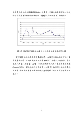 尤其是占絕大部分運轉時數的春、秋季節，空調主機長期運轉於低的
部份負載率 ( Partial Low Factor，簡稱 PLF)，如圖 5-2 所顯示。




   圖 5-2 某建築空調系統過量設計之冰水主機負載率變化圖


  若空調系統之冰水主機容量採取單一大容量主機之設計方式，當
負載率偏低時，空調主機的運轉效率 (kW/RT)將隨之大打折扣，導致
能源耗用量 (耗電量) 大增，不但主機效率大減，甚至將導致湧浪
(Surging)現象，對主機機件造成損害。如圖 5-3 為不同冷凍之標準性
能曲線，由圖顯示冰水主機在較低之負載情形下用之用電情形是較耗
能的。




                        59
 