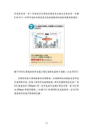 外氣熱負荷，另一方面也可以降低空調冰水主機之冷凍負荷。如圖
5-10 所示。於常年氣候炎熱或是外氣焓值較高的地區更顯其重要性。




圖 5-10 CO2 濃度控制外氣最小量引進節能策略示意圖（日本 ECCJ）


  空調系統為了確保健康的空調環境，必須將部份回風排出室外並
引進新鮮外氣，但為了節約外氣處理能源，將外氣量控制設定為：
                            「當
CO2 濃度高於 1000ppm 時，則外氣風門逐漸打開至全開，當 CO2 降
至 600ppm 時風門關閉」
              ，如圖 5-11 為 BEMS 系統監控時，室內 CO2
濃度與外氣風門開度變化圖。




                    70
 