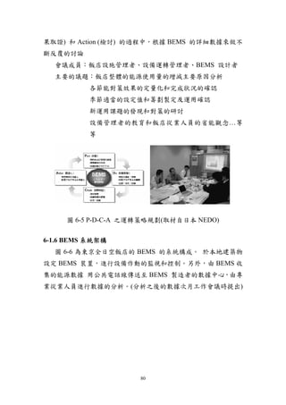 果取證) 和 Action (檢討) 的過程中，根據 BEMS 的詳細數據來做不
斷反覆的討論
  會議成員：飯店設施管理者、設備運轉管理者、BEMS 設計者
  主要的議題：飯店整體的能源使用量的增減主要原因分析
          各節能對策效果的定量化和完成狀況的確認
          季節適當的設定值和籌劃製定及運用確認
          新運用課題的發現和對策的研討
          設備管理者的教育和飯店從業人員的省能觀念…等
          等




     圖 6-5 P-D-C-A 之運轉策略規劃(取材自日本 NEDO)


6-1.6 BEMS 系統架構
  圖 6-6 為東京全日空飯店的 BEMS 的系統構成。 於本地建築物
設定 BEMS 裝置，進行設備作動的監視和控制。另外，由 BEMS 收
集的能源數據 用公共電話線傳送至 BEMS 製造者的數據中心，由專
業從業人員進行數據的分析。(分析之後的數據次月工作會議時提出)




                    80
 