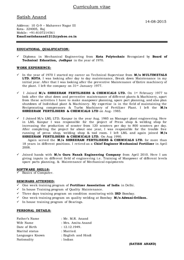 RESUME of Mr Satish anand PDF - RESUME Of Mr Satish Anand 1 638