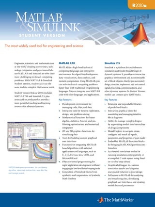 R2009a




                 Student Version

The most widely used tool for engineering and science




          Engineers, scientists, and mathematicians          MATLAB 7.10 	                                     Simulink 7.5
          at the world’s leading universities, tech-         MATLAB is a high-level technical                  Simulink is a platform for multidomain
          nology companies, and government labs              computing language and interactive                simulation and Model-Based Design of
          use MATLAB and Simulink to solve their             environment for algorithm development,            dynamic systems. It provides an interactive
          most challenging technical computing               data visualization, data analysis, and            graphical environment and a customizable
          problems. With MATLAB & Simulink                   numeric computation. Using MATLAB, you            set of block libraries that let you accurately
          Student Version, students can use the              can solve technical computing problems            design, simulate, implement, and test con­ rol,
                                                                                                                                                         t
          same tools to complete their course work.          faster than with traditional programming          signal processing, communications, and
                                                             languages. You can integrate your MATLAB          other dynamic systems. In Student Version,
          Student Version Release 2010a includes
                                                             code with other languages and applications.       models can contain up to 1,000 blocks.
          MATLAB 7.10 and Simulink 7.5, plus
          seven add-on products that provide a               Key Features                                      Key Features
          more powerful teaching and learning                ■	 Development environment for                    ■	 Extensive and expandable libraries
          resource for advanced courses.                        managing code, files, and data                    of predefined blocks
                                                             ■	 Interactive tools for iterative exploration,   ■	 Interactive graphical editor for
                                                                design, and problem solving                       assembling and managing intuitive
                                                             ■	 Mathematical functions for linear                 block diagrams
                                                                algebra, statistics, Fourier analysis,         ■	 Ability to manage complex designs
                                                                filtering, optimization, and numerical            by segmenting models into hierarchies
                                                                integration                                       of design components
                                                             ■	 2D and 3D graphics functions for               ■	 Model Explorer to navigate, create,
                                                                visualizing data                                  con­ igure, and search all signals,
                                                                                                                      f
                                                             ■	 Tools for building custom graphical               parameters, and properties of your model
                                                                user interfaces                                ■	 Embedded MATLAB Function blocks
                                                             ■	 Functions for integrating MATLAB                  for bringing MATLAB algorithms into
                                                                based algorithms with external                    Simulink
                                                                applica­ ions and languages, such as
                                                                        t                                      ■	 Accelerated simulation modes for
                                                                C, C++, Fortran, Java, COM, and                   run­ ing simulations interpretively or
                                                                                                                      n
                                                                Microsoft Excel                                   at compiled C code speeds using fixed-
                                                             ■	 Object-oriented programming for                   or variable-step solvers
                                                                rapid application development without          ■	 Graphical debugger to examine
  MATLAB development environment. You can develop
                                                                engaging in low-level housekeeping tasks          simu­ ation results and diagnose
                                                                                                                        l
  algorithms, interactively analyze data, view data files,
  and manage projects.
                                                             ■	 Generation of Simulink blocks from                unexpected behavior in your design
                                                                symbolic math expressions in Symbolic          ■	 Full access to MATLAB for analyz­ ngi
                                                                Math Toolbox                                      and visualizing data, developing
                                                                                                                  graphical user interfaces, and creating
                                                                                                                  model data and parameters
 