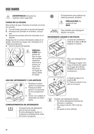 USO DIARIO
ADVERTENCIA! Consulte los
capítulos sobre seguridad.
CARGA DE LA COLADA
Abra la llave de paso. Conecte el enchufe a la toma
de corriente.
1. Tire del tirador para abrir la puerta del aparato.
2. Introduzca las prendas en el tambor, una por
una.
3. Sacuda las prendas antes de colocarlas en el
aparato.
Asegúrese de no colocar demasiada colada en el
tambor. Consulte las cargas máx. indicadas en la
"Tabla de programas".
4. Cierre la puerta del aparato.
PRECAU-
CIÓN! Ase-
gúrese de
que no que-
dan prendas
engancha-
das entre la
puerta y el
cierre. Po-
dría provo-
car fugas de
agua y dañar
la colada.
USO DEL DETERGENTE Y LOS ADITIVOS
1. Dosifique el deter-
gente y el suavizante.
2. Coloque el deter-
gente y el suavizante
en los compartimen-
tos.
3. Cierre con cuidado el
dosificador de deter-
gente.
COMPARTIMENTOS DE DETERGENTE
Compartimento de detergente
para la fase de lavado.
Si utiliza detergente líquido, in-
trodúzcalo inmediatamente antes
de iniciar el programa.
Compartimento para aditivos líq-
uidos (suavizante, almidón).
PRECAUCIÓN! No
supere el nivel
MAX.
Tapa abatible para detergente
líquido o en polvo.
DETERGENTE LÍQUIDO O EN POLVO
A
La posición predetermi-
nada de la tapa es A (de-
tergente en polvo).
Para usar detergente líq-
uido:
1. Extraiga el cajetín. Co-
loque el borde del cajetín
en el lugar de la flecha
(PUSH) a fin de facilitar
la extracción.
B
2. Ajuste la tapa en la
posición B.
3. Vuelva a colocar el ca-
jetín en el hueco.
Cuando use detergente líquido:
• No utilice detergentes líquidos ge-
latinosos ni espesos.
• No cargue más de 120 ml de líq-
uido.
• No ajuste el inicio diferido.
10
 