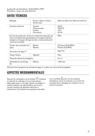 la placa de características: modelo (Mod.), PNC
(Prod.No.), número de serie (Ser.No.).
DATOS TÉCNICOS
Medidas Ancho / Altura / Fondo /
Fondo total
600 mm/ 850 mm/ 559 mm/ 578 mm
Conexión eléctrica Tensión
Potencia total
Fusible
Frecuencia
230 V
2200 W
10 A
50 Hz
El nivel de protección contra la entrada de partículas sól-
idas y humedad está garantizado por la tapa protectora,
excepto si el equipo de baja tensión no tiene protección
contra la humedad.
IPX4
Presión del suministro de
agua
Mínima
Máxima
0,5 bares (0,05 MPa)
8 bares (0,8 MPa)
Suministro de agua 1) Agua fría
Carga máxima Algodón 8 kg
Clase de eficiencia energética A+++
Velocidad de centrifuga-
do
Máxima 1000 rpm
1) Conecte la manguera de entrada de agua a un grifo con rosca de 3/4 pulgadas.
ASPECTOS MEDIOAMBIENTALES
Recicle los materiales con el símbolo . Coloque
el material de embalaje en los contenedores
adecuados para su reciclaje. Ayude a proteger el
medio ambiente y la salud pública, así como a
reciclar residuos de aparatos eléctricos y
electrónicos. No deseche los aparatos marcados
con el símbolo junto con los residuos
domésticos. Lleve el producto a su centro de
reciclaje local o póngase en contacto con su
oficina municipal.
17
 