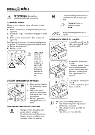 UTILIZAÇÃO DIÁRIA
ADVERTÊNCIA! Consulte os
capítulos relativos à segurança.
CARREGAR ROUPA
Abra a torneira da água. Ligue a ficha na tomada
eléctrica.
1. Puxe o manípulo da porta para abrir a porta do
aparelho.
2. Coloque a roupa no tambor, uma peça de cada
vez.
3. Deve sacudir a roupa antes de a colocar no
aparelho.
Certifique-se de que não coloca demasiada roupa
no tambor. Consulte as cargas máximas indicadas
na “Tabela de programas”.
4. Feche a porta.
CUIDADO!
Certifique-
se de que
não deixa
roupa entre
o vedante e
a porta. Ex-
iste o risco
de fuga de
água ou da-
nos na rou-
pa.
UTILIZAR DETERGENTE E ADITIVOS
1. Meça as quantidades
de detergente e ama-
ciador.
2. Coloque o deter-
gente e o amaciador
nos respectivos com-
partimentos.
3. Feche a gaveta do
detergente com cui-
dado.
COMPARTIMENTOS DE DETERGENTE
Compartimento de detergente
para a fase de lavagem.
Se utilizar detergente líquido, co-
loque-o apenas imediatamente
antes de iniciar o programa.
Compartimento para aditivos líq-
uidos (amaciador de roupa, go-
ma).
CUIDADO! Não ul-
trapasse o nível
MAX.
Aba para detergente em pó ou
líquido.
DETERGENTE EM PÓ OU LÍQUIDO
A
A posição predefinida da
aba é a posição A (deter-
gente em pó).
Para utilizar detergente
líquido:
1. Retire a gaveta. Press-
ione a extremidade da
gaveta na área indicada
pela seta (PUSH) para
que seja mais fácil re-
movê-la.
B
2. Coloque a aba na pos-
ição B.
3. Volte a colocar a gave-
ta na cavidade.
Quando utilizar detergente líquido:
• Não utilize detergentes líquidos ge-
latinosos ou espessos.
• Não coloque mais do que 120 ml
de líquido.
• Não defina um início diferido.
27
 