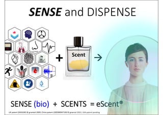 Sdkl
SENSE (bio)  +  SCENTS  = eScent®
UK patent (0426382.8) granted 2009, China patent (200580047100.9) granted 2013, USA patent pending
Scent
+  
SENSE and DISPENSE
e‐nose 
 