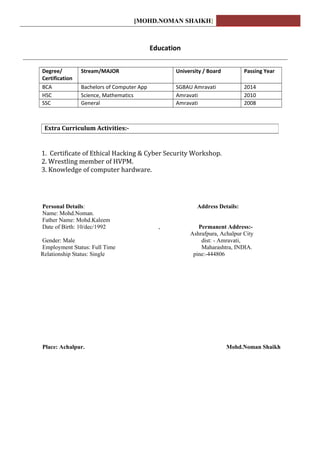 [MOHD.NOMAN SHAIKH]
Education
__________________________________________________________________________________
Degree/
Certification
Stream/MAJOR University / Board Passing Year
BCA Bachelors of Computer App SGBAU Amravati 2014
HSC Science, Mathematics Amravati 2010
SSC General Amravati 2008
1. Certificate of Ethical Hacking & Cyber Security Workshop.
2. Wrestling member of HVPM.
3. Knowledge of computer hardware.
Personal Details: Address Details:
Name: Mohd.Noman.
Father Name: Mohd.Kaleem
Date of Birth: 10/dec/1992 , Permanent Address:-
Ashrafpura, Achalpur City
Gender: Male dist: - Amravati,
Employment Status: Full Time Maharashtra, INDIA.
Relationship Status: Single pine:-444806
Place: Achalpur. Mohd.Noman Shaikh
Extra Curriculum Activities:-
 