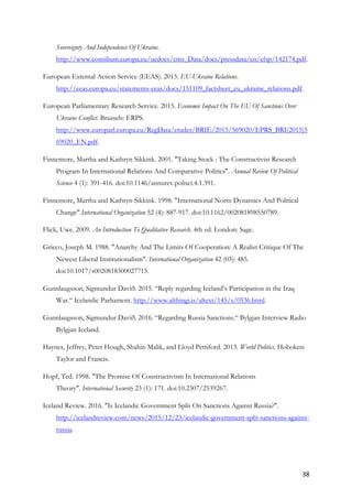 38	
Sovereignty And Independence Of Ukraine.
http://www.consilium.europa.eu/uedocs/cms_Data/docs/pressdata/en/cfsp/142174.pdf.
European External Action Service (EEAS). 2015. EU-Ukraine Relations.
http://eeas.europa.eu/statements-eeas/docs/151109_factsheet_eu_ukraine_relations.pdf.
European Parliamentary Research Service. 2015. Economic Impact On The EU Of Sanctions Over
Ukraine Conflict. Brussels: ERPS.
http://www.europarl.europa.eu/RegData/etudes/BRIE/2015/569020/EPRS_BRI(2015)5
69020_EN.pdf.
Finnemore, Martha and Kathryn Sikkink. 2001. "Taking Stock : The Constructivist Research
Program In International Relations And Comparative Politics". Annual Review Of Political
Science 4 (1): 391-416. doi:10.1146/annurev.polisci.4.1.391.
Finnemore, Martha and Kathryn Sikkink. 1998. "International Norm Dynamics And Political
Change".International Organization 52 (4): 887-917. doi:10.1162/002081898550789.
Flick, Uwe. 2009. An Introduction To Qualitative Research. 4th ed. London: Sage.
Grieco, Joseph M. 1988. "Anarchy And The Limits Of Cooperation: A Realist Critique Of The
Newest Liberal Institutionalism". International Organization 42 (03): 485.
doi:10.1017/s0020818300027715.
Gunnlaugsson, Sigmundur Davíð. 2015. “Reply regarding Iceland’s Participation in the Iraq
War.“ Icelandic Parliament. http://www.althingi.is/altext/145/s/0536.html.
Gunnlaugsson, Sigmundur Davíð. 2016. “Regarding Russia Sanctions.“ Bylgjan Interview Radio
Bylgjan Iceland.
Haynes, Jeffrey, Peter Hough, Shahin Malik, and Lloyd Pettiford. 2013. World Politics. Hoboken:
Taylor and Francis.
Hopf, Ted. 1998. "The Promise Of Constructivism In International Relations
Theory". International Security 23 (1): 171. doi:10.2307/2539267.
Iceland Review. 2016. "Is Icelandic Government Split On Sanctions Against Russia?".
http://icelandreview.com/news/2015/12/23/icelandic-government-split-sanctions-against-
russia.
 