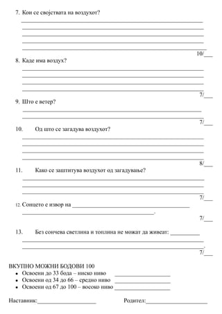 7. Кои се својствата на воздухот?
______________________________________________________________
______________________________________________________________
______________________________________________________________
______________________________________________________________
_______________________________________________________________
10/___
8. Каде има воздух?
______________________________________________________________
______________________________________________________________
______________________________________________________________
______________________________________________________________
7/___
9. Што е ветер?
_____________________________________________________________
______________________________________________________________
7/___
10. Од што се загадува воздухот?
______________________________________________________________
______________________________________________________________
______________________________________________________________
______________________________________________________________
8/___
11. Како се заштитува воздухот од загадување?
______________________________________________________________
______________________________________________________________
______________________________________________________________
7/___
12. Сонцето е извор на ________________________________________
_____________________________________________.
7/___
13. Без сончева светлина и топлина не можaт да живеат: __________
______________________________________________________________
______________________________________________________________.
7/___
ВКУПНО МОЖНИ БОДОВИ 100
 Освоени до 33 бода – ниско ниво ___________________
 Освоени од 34 до 66 – средно ниво ___________________
 Освоени од 67 до 100 – восоко ниво ___________________
Наставник:____________________ Родител:_____________________
 