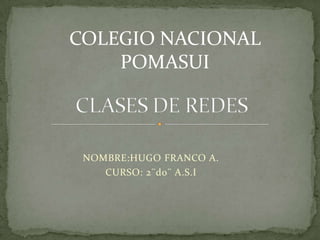 NOMBRE:HUGO FRANCO A. CURSO: 2¨do¨ A.S.I CLASES DE REDES COLEGIO NACIONAL POMASUI 