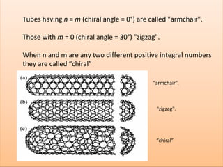 Tubes having  n  =  m  (chiral angle = 0°) are called "armchair". Those with  m  = 0 (chiral angle = 30°) "zigzag". When n and m are any two different positive integral numbers they are called “chiral”  "armchair". "zigzag". “ chiral”  