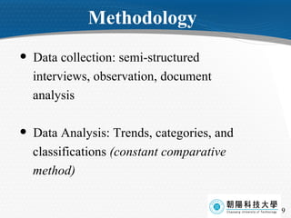 Methodology Data collection: semi-structured interviews, observation, document analysis Data Analysis: Trends, categories, and  classifications  (constant comparative method) 