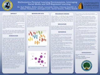 RESEARCH POSTER PRESENTATION DESIGN © 2012
www.PosterPresentations.com
A majority of young collegiate male and female students lose interest in
mathematical topics within their first two years of study. Some lose interest
because they fail to see the correlation between their course studies and
their long term career goals, for most minority females, a lack of mentoring
plays a big part in their loss of interest in STEM (Science Technology
Mathematics and Engineering) subjects, others struggle due to the rigorous
pace of their STEM courses, and others struggle due to grade inflation
from previous class experiences. Why is it important that we work together
to change the pattern this pattern of disinterest?
1) Because mathematics is the language of science and is the means of
quantitative modeling to describe the physical world.
2) Because strong mathematic skills are a gateway to productive inter-
disciplinary exchanges and quality understanding of STEM subjects.
3) Because mathematics is a critical literacy needed for the United States’
workforce.
This research project will explore enhancing mathematic learning
outcomes, using social-cultural cognition theory to train freshmen minority
college students to develop PLEs (Personal Learning Environments),
leveraging social media tools, and extended learning communities to
enhance their learning capabilities.
ABSTRACT
INTRODUCTION
The PLE approach will help utilize the learning instructional model and the
“whiteboard tradition” will be restored by active communal learning
environments in which different incorporate theories & principles, which
also can help students excel in the process of examination for existing
problems in innovative & unique ways to utilize their mathematical
knowledge for weekly discussions. The students will be matched in groups
from 3-5 with their peers each week during lectures, they all have the
ability to share notes and all learn effectively & actively from each other.
They will be required to present the group’s understanding or the
knowledge obtained from the previous lesson of that week. Homework
assignments are replaced with these courses within the weekly
experimental mathematics analysis project. It will be interdisciplinary-
based for students and they are required to complete a project topic
selected by their instructor.
METHODS AND DATA
Twitter’s popularity as an information source has led numerous
communities utilizing it in various domains including Humanitarian
Assistance, Disaster Relief to provide situational awareness to a crisis
situation. Researchers have used Twitter to predict the occurrence of
earthquakes and identify relevant users to follow to obtain disaster related
information [18-22]. Twitter is many things to many people, for
mathematics instruction at UAPB is a tool to exploit student engagement
of minorities.
PRELIMINARY FINDINGS
IMPLICATIONS
This better helps students to engage in their learning environment while
being social and engaging in an overall better class lecture. It also gives
students better opportunities to learn in a more digital and graphic forms of
mathematics rather the standard white-board, method of teaching. Students
also have a more reliable way of relation to the lectures given each day.
REFERENCES
[1] A. L. Griffith, "Persistence of women and minorities in STEM field
majors: Is it the school that matters?," Economics of Education Review,
vol. 29, pp. 911-922, 2010.
[2] A. V. Maltese and R. H. Tai, "Pipeline persistence: Examining the
association of educational experiences with earned degrees in STEM
among US students," Science Education, vol. 95, pp. 877-907, 2011.
[3] K. A. Smith, T. C. Douglas, and M. F. Cox, "Supportive teaching and
learning strategies in STEM education," New Directions for Teaching and
Learning, vol. 2009, pp. 19-32, 2009.
[4] R. G. Ehrenberg, "Analyzing the factors that influence persistence
rates in STEM field, majors: Introduction to the symposium," Economics
of Education Review, vol. 29, pp. 888-891, 2010.
[5] T. Dreyfus, "Why Johnny can't prove," Educational studies in
mathematics, vol. 38, pp. 85-109, 1999.
[6] C. Williams, O. Akinsiku, C. Walkington, J. Cooper, A. Ellis, C.
Kalish, et al., "Understanding students’ similarity and typicality judgments
in and out of mathematics," in Proceedings of the 32nd annual meeting of
the North American Chapter of the International Group for the Psychology
of Mathematics Education, 2011.
[7] P. T. Terenzini, L. Springer, P. M. Yaeger, E. T. Pascarella, and A. Nora,
"First- generation college students: Characteristics, experiences, and
cognitive development," Research in Higher education, vol. 37, pp. 1-22,
1996.
[8] E. T. Pascarella, C. T. Pierson, G. C. Wolniak, and P. T. Terenzini,
"First- generation college students: Additional evidence on college
experiences and outcomes," Journal of Higher Education, pp. 249-284,
2004.
[9] T. C. Gilmer, "An understanding of the improved grades, retention and
graduation rates of STEM majors at the Academic Investment in Math and
Science (AIMS) Program of Bowling Green State University (BGSU),"
Journal of STEM Education, vol. 8, pp. 11-21, 2007.
[10] K. Eagan, F. Herrera, J. Sharkness, S. Hurtado, and M. Chang,
"Crashing the gate: identifying alternative measures of student learning in
introductory science, technology, engineering, and mathematics courses,"
American Research in Education Association, New Orleans, Louisiana,
USA, 2011.
[11] X. Chen, "STEM Attrition: College Students' Paths into and out of
STEM Fields. Statistical Analysis Report. NCES 2014-001," National
Center for Education Statistics, 2013.
AKNOWLEDGEMENTS	
  
[12] J. S. Hyde and J. E. Mertz, "Gender, culture, and mathematics
performance," Proceedings of the National Academy of Sciences, vol. 106,
pp. 8801-8807, 2009.
[13] J. G. Stout, N. Dasgupta, M. Hunsinger, and M. A. McManus,
"STEMing the tide: Using ingroup experts to inoculate women's self-
concept in science, technology, engineering, and mathematics (STEM),"
Journal of personality and social psychology, vol. 100, p. 255, 2011.
[14] J. Fairweather, "Linking evidence and promising practices in science,
technology, engineering, and mathematics (STEM) undergraduate
education," Board of Science Education, National Research Council, The
National Academies, Washington, DC, 2008.
[15] R. McCartney and K. Sanders, "First-year students' social networks:
learning computing with others," in Proceedings of the 14th Koli Calling
International Conference on Computing Education Research, 2014, pp.
159-163.
[16] J. Tenenberg and M. Knobelsdorf, "Out of our minds: a review of
sociocultural cognition theory," Computer Science Education, vol. 24, pp.
1-24, 2014.
[17] L. P. Steffe, P. Nesher, P. Cobb, B. Sriraman, and B. Greer, Theories
of mathematical learning: Routledge, 2013.
[18] M. Berger, "Vygotsky’s theory of concept formation and mathematics
education," in Proceedings of the 29th Conference of the International
Group for the Psychology of Mathematics Education, Bergen, Norway,
2005, pp. 153-160.
[19] I. A. Zualkernan, "Using Soloman-Felder Learning Style Index to
Evaluate Pedagogical Resources for Introductory Programming Classes,"
presented at the Proceedings of the 29th international conference on
Software Engineering, 2007.
[20] A. T. Chamillard and R. E. Sward, "Learning styles across the
curriculum," presented at the Proceedings of the 10th annual SIGCSE
conference on Innovation and technology in computer science education,
Caparica, Portugal, 2005.
[21] N. S. Grant, "A study on critical thinking, cognitive learning style,
and gender in various information science programming classes,"
presented at the Proceedings of the 4th conference on Information
technology curriculum, Lafayette, Indiana, USA, 2003.
[22] V. C. Galpin, I. D. Sanders, and P.-y. Chen, "Learning styles and
personality types of computer science students at a South African
university," presented at the Proceedings of the 12th annual SIGCSE
conference on Innovation and technology in computer science education,
Dundee, Scotland, 2007.
This project is housed at the University of Arkansas at Pine Bluff (UAPB),
a student-focused Historically Black College and University (HBCU),
within the Department of Mathematics and Computer Science.
Mathematics is a major bottleneck for many students that enter the
university. For many incoming first-generation minority college students
there is a cognitive conflict that student’s experience in which many of the
mathematic skills they learned in their K-12 training, contradict the
mathematics practices expected at the university level. According to
Dreyfus [1-2], and other researchers many of these students suffer from a
cognitive gap, in which when the students are confronted with new
knowledge, which conflicts with pervious knowledge, a cognitive conflict
is created. Mathematic courses are still bottleneck courses for many
students matriculating at UAPB. Courses are still are taught in isolation
from the other disciplines, using standard lecture style presentations and
instructors overlook the natural connections with other disciplines such as,
Physics, Chemistry, Biology, Computer Science, and Engineering. For
instance, the typical incoming freshmen at UAPB, has an ACT score of
15~19, and enrolls in remedial mathematics course:
•  Math 1310 Elementary Algebra (STEM major)
•  Math 1359 Enhance Quantitative Literacy (Non-STEM).
Very few incoming freshmen score the required ACT score of 19 to enter
directly into Math 1330 College Algebra or Math 1550 Precalculus, which
is designed to allow students to investigate, and apply general function
properties with algebraic mathematics and trigonometric functions to solve
mathematical problems. As a result students typical mathematics
matriculation at UAPB requires four semesters on average rather the two
semesters required for non-STEM, three for STEM majors. Many first-
generate minority STEM majors are ill prepared in mathematics resulting
in a low retention within disciplines in the first two years of study.
Therefore, our approach is to train students leverage cultural frameworks
they are already familiar with composed of:
(1) Communal learning via experiential mathematic analysis.
(2) Communal learning via social media micro-blogging.
(3) Problem modeling via tangible daily tasks.
Dr. Karl Walker, Robin Ghosh, Leonardo Vieira, Chirone Gamble Jr,
Adrian Thompson, Javaughn Love, Xavier Graves, Tiffany Howell
Mathematics Personal Learning Environments, Leveraging
Social Media and Self-Regulated Learning
Project Title: Mathematics STEM Undergraduate Apprentice
Program
Award Number: P120A150078
Funding Agency: US Department of Education
Project Coordinator: Robin Ghosh
Figure 1: Clustering of students around a given mathematics
topic.
Figure 2: Representation of centrality gives us the idea of who is
the most important person on a network.
 