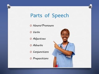 Parts of Speech
O Nouns/Pronouns
O Verbs
O Adjectives
O Adverbs
O Conjunctions
O Prepositions
 