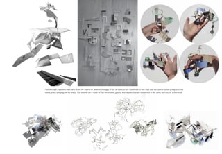 Architectural fragments and parts from the station of Jannowitzbrugge. They all relate to the thresholds of the bath and the station (when going in to the
sauna, when jumping on the train). The models are a study of the movement, gravity and balance that are connected to the entry and exit of a threshold.
 