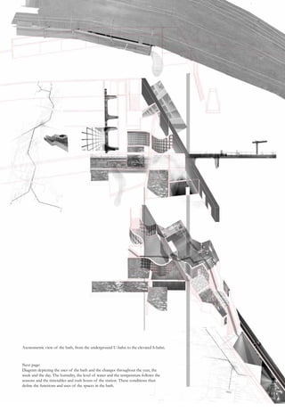 Axonometric view of the bath, from the underground U-bahn to the elevated S-bahn.
Next page:
Diagram depicting the uses of the bath and the changes throughout the year, the
week and the day. The humidity, the level of water and the temperature follows the
seasons and the timetables and rush hours of the station. These conditions then
define the functions and uses of the spaces in the bath.
 