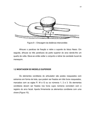 69
Figura 9 – Checagem da distância intercondilar.
Afrouxe o parafuso de fixação e retire o suporte do bloco Nasio. Em
seguida, afrouxe os três parafusos da parte superior do arco dando-lhe um
quarto de volta. Deve-se então soltar o conjunto e retirar da cavidade bucal do
manequim.
1.2 MONTAGEM DO MODELO SUPERIOR
Os elementos condilares do articulador são postes rosqueados com
extremos em forma de bola, que podem ser fixados em três furos rosqueados,
marcados com as siglas P, M e G ou os números 1, 2 e 3. Os elementos
condilares devem ser fixados nos furos cujos números conicidam com o
registro do arco facial. Aperte firmemente os elementos condilares com uma
chave (Figura 10).
 