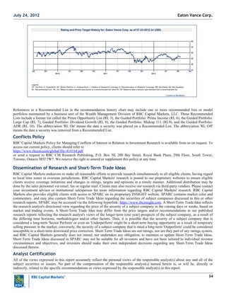 34
Q2 Q3 Q1 Q2 Q3 Q1 Q2 Q3 Q1 Q2 Q3
15
20
25
30
35
40
2010 2011 2012
Rating and Price Target History for: Eaton Vance Corp. as of 07-23-2012 (in USD)
Legend:
TP: Top Pick; O: Outperform; SP: Sector Perform; U: Underperform; I: Initiation of Research Coverage; D: Discontinuation of Research Coverage; NR: Not Rated; NA: Not Available;
RL: Recommended List - RL: On: Refers to date a security was placed on a recommended list, while RL Off: Refers to date a security was removed from a recommended list.
Created by BlueMatrix
References to a Recommended List in the recommendation history chart may include one or more recommended lists or model
portfolios maintained by a business unit of the Wealth Management Division of RBC Capital Markets, LLC. These Recommended
Lists include a former list called the Prime Opportunity List (RL 3), the Guided Portfolio: Prime Income (RL 6), the Guided Portfolio:
Large Cap (RL 7), Guided Portfolio: Dividend Growth (RL 8), the Guided Portfolio: Midcap 111 (RL9), and the Guided Portfolio:
ADR (RL 10). The abbreviation 'RL On' means the date a security was placed on a Recommended List. The abbreviation 'RL Off'
means the date a security was removed from a Recommended List.
Conflicts Policy
RBC Capital Markets Policy for Managing Conflicts of Interest in Relation to Investment Research is available from us on request. To
access our current policy, clients should refer to
https://www.rbccm.com/global/file-414164.pdf
or send a request to RBC CM Research Publishing, P.O. Box 50, 200 Bay Street, Royal Bank Plaza, 29th Floor, South Tower,
Toronto, Ontario M5J 2W7. We reserve the right to amend or supplement this policy at any time.
Dissemination of Research and Short-Term Trade Ideas
RBC Capital Markets endeavors to make all reasonable efforts to provide research simultaneously to all eligible clients, having regard
to local time zones in overseas jurisdictions. RBC Capital Markets' research is posted to our proprietary websites to ensure eligible
clients receive coverage initiations and changes in ratings, targets and opinions in a timely manner. Additional distribution may be
done by the sales personnel via email, fax or regular mail. Clients may also receive our research via third-party vendors. Please contact
your investment advisor or institutional salesperson for more information regarding RBC Capital Markets' research. RBC Capital
Markets also provides eligible clients with access to SPARC on its proprietary INSIGHT website. SPARC contains market color and
commentary, and may also contain Short-Term Trade Ideas regarding the securities of subject companies discussed in this or other
research reports. SPARC may be accessed via the following hyperlink: https://www.rbcinsight.com. A Short-Term Trade Idea reflects
the research analyst's directional view regarding the price of the security of a subject company in the coming days or weeks, based on
market and trading events. A Short-Term Trade Idea may differ from the price targets and/or recommendations in our published
research reports reflecting the research analyst's views of the longer-term (one year) prospects of the subject company, as a result of
the differing time horizons, methodologies and/or other factors. Thus, it is possible that the security of a subject company that is
considered a long-term 'Sector Perform' or even an 'Underperform' might be a short-term buying opportunity as a result of temporary
selling pressure in the market; conversely, the security of a subject company that is rated a long-term 'Outperform' could be considered
susceptible to a short-term downward price correction. Short-Term Trade Ideas are not ratings, nor are they part of any ratings system,
and RBC Capital Markets generally does not intend, nor undertakes any obligation, to maintain or update Short-Term Trade Ideas.
Short-Term Trade Ideas discussed in SPARC may not be suitable for all investors and have not been tailored to individual investor
circumstances and objectives, and investors should make their own independent decisions regarding any Short-Term Trade Ideas
discussed therein.
Analyst Certification
All of the views expressed in this report accurately reflect the personal views of the responsible analyst(s) about any and all of the
subject securities or issuers. No part of the compensation of the responsible analyst(s) named herein is, or will be, directly or
indirectly, related to the specific recommendations or views expressed by the responsible analyst(s) in this report.
Eaton Vance Corp.July 24, 2012
 