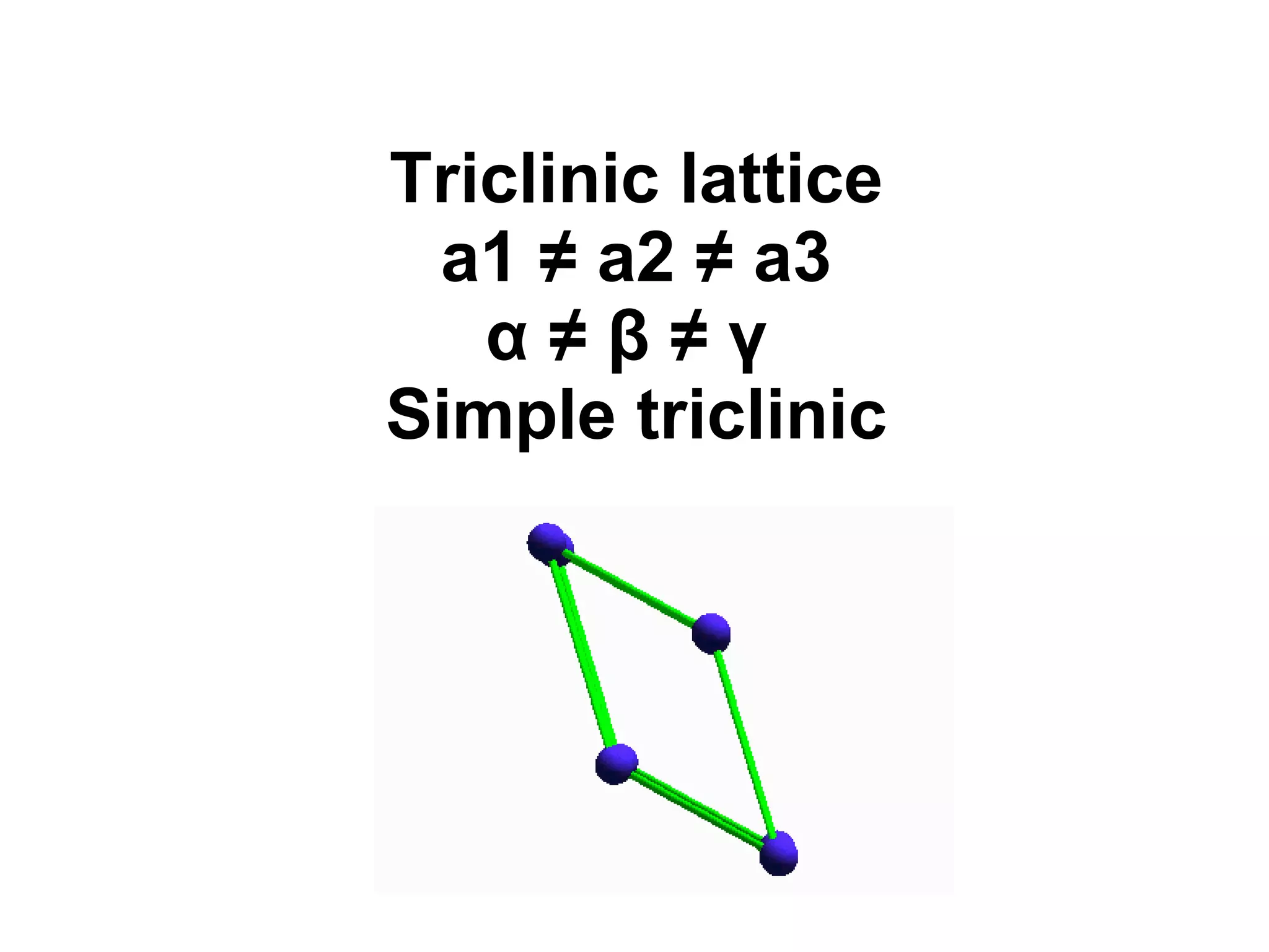 Triclinic lattice a1 ≠ a2 ≠ a3 α ≠ β ≠ γ  Simple triclinic 