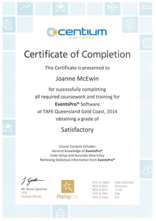 s:::s
*Nw
.
€Wce. I!}:*Jrn
Certificate of Completion
This Certificate is presented to
Joanne McEwin
for successfu I ly com pleting
all required coursework and training for
EventsPro@ Softwa re
at TAFE Queensland Gold Coast,20t4
obtaining a grade of
Satisfa cto ry
Course Content includes:
General knowledge of EventsPro@
Code Setup and Accurate Data Entry
Retrieving Statistical Information from EventsPro@
l
l
Mr Trevor Gardiner
e[o
Centium hy Ltd
95olo or high*r
90% to 94%
80% to 89olo '
75% to 79%
74% or lower
High Distinction
Distinctian
Credit
Pass
Fail
 